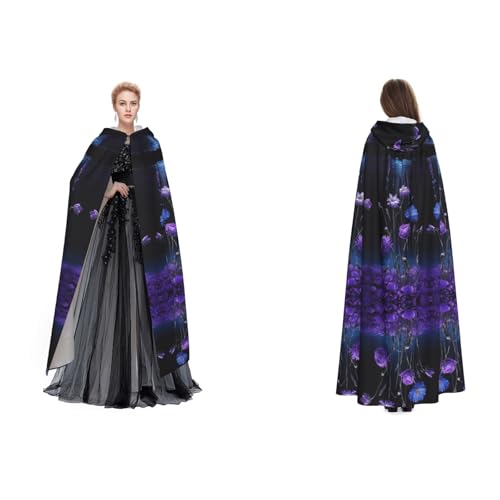 Kwjsdfea Kapuzenumhang für Erwachsene, Unisex, Satin, Cosplay, Halloween, Weihnachten, Party, Kostüm, lila Blumendruck von Kwjsdfea