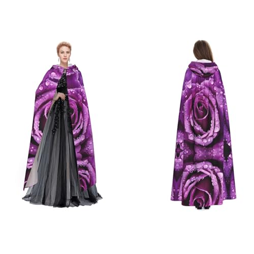Kwjsdfea Kapuzenumhang für Erwachsene, Unisex, Satin, Cosplay, Halloween, Weihnachten, Party, Kostüm, lila Rose bedruckt von Kwjsdfea