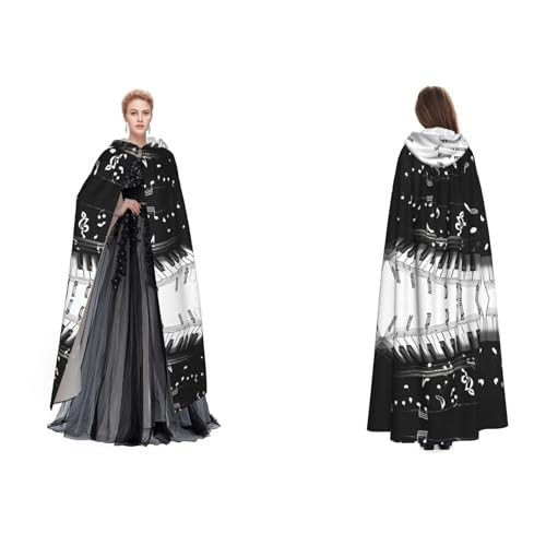 Kwjsdfea Kapuzenumhang für Erwachsene, Unisex, Satin, Cosplay, Halloween, Weihnachten, Party, Kostüm, schwarz-weiß, Musiknoten-Druck von Kwjsdfea