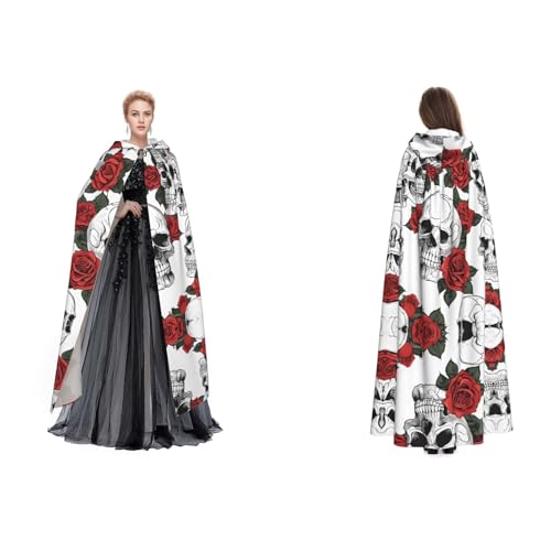 Kwjsdfea Kapuzenumhang für Erwachsene, Unisex, Satin, Cosplay, Halloween, Weihnachten, Party, Kostüme, Blumen-Totenkopf-Druck von Kwjsdfea