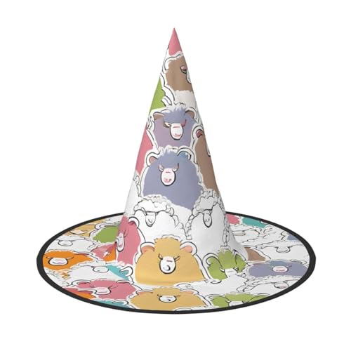 Kwjsdfea Niedlicher farbenfroher Schaf-Cartoon-Druck, vielseitiger Halloween-Hut, Hexenhut für Damen, Herren, Erwachsene, lustige und stilvolle Halloween-Party-Dekoration, 1 Stück von Kwjsdfea