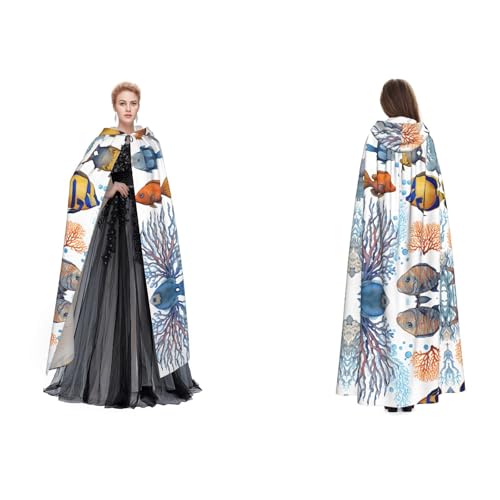 Kwjsdfea Unisex Kapuzenumhang mit Kapuze, Satin, Cosplay, Halloween, Weihnachten, Party, Kostüme, bunt, bedruckt mit Fisch im Meer von Kwjsdfea