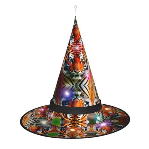 Kycvds Halloween-Hexenhüte mit orangefarbenem Tigerstreifen sind mit Lichtern verziert, die verwendet werden, um große Halloween-Partyzubehör zu dekorieren. von Kycvds