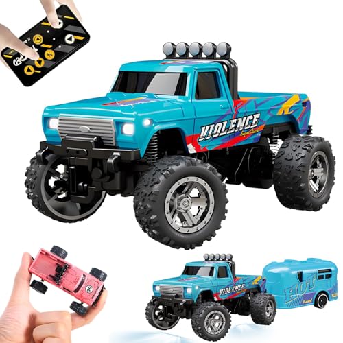 Kyduu Ferngesteuertes Auto, Monster Truck Spielzeug,Monstertruck 2.4GHz,1:64 Mini RC Monster Truck mit Anhänger Karosserielichter und Scheinwerfer,Crawler Spielzeug,Geschwindigkeit/Lenkung einstellbar von Kyduu