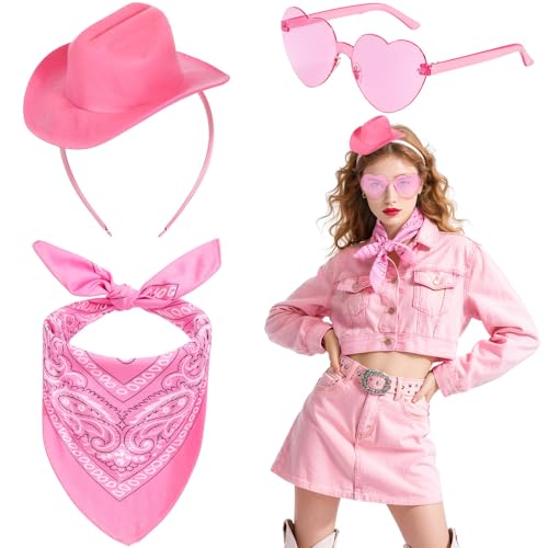 3-teiliges Western-Cowgirl-Hut-Stirnband-Set für Damen, pinkes Cowgirl-Zubehör-Set mit Hut, Stirnband, Paisleymuster, Bandana und Brille für Halloween, Karneval, Junggesellenabschied 3-teiliges Western-Cowgirl-Hut-Stirnband-Set für Damen, pinkes Cowgirl-Zubehör-Set mit Hut, Stirnband, Paisleymuster, Bandana und Brille für Halloween, Karneval, Junggesellenabschied von Kyndara