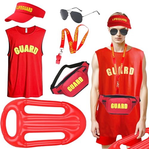 6-teiliges Rettungsschwimmer-Kostüm-Set, Strand-Bay_Watch-Kostüm-Zubehör-Set mit Sonnenhut, Pfeife, Sonnenbrille, Weste, aufblasbarer Schwimmer, Bauchtasche für Damen und Herren, Pool-Mottoparty 6-teiliges Rettungsschwimmer-Kostüm-Set, Strand-Bay_Watch-Kostüm-Zubehör-Set mit Sonnenhut, Pfeife, Sonnenbrille, Weste, aufblasbarer Schwimmer, Bauchtasche für Damen und Herren, Pool-Mottoparty von Kyndara