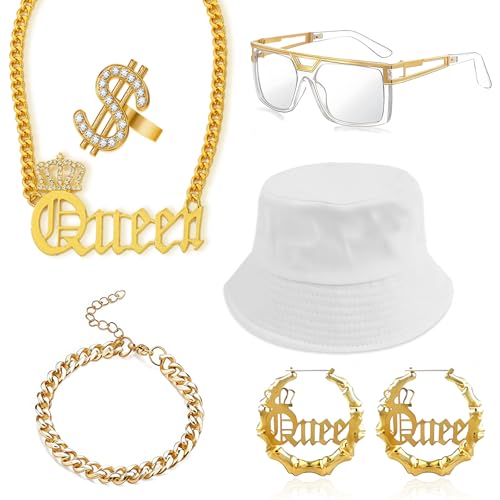 7pcs Hip Hop Kostüm Zubehör 80er 90er Jahre Hip Hop Queen Outfits Kit Verkleidung Set mit weißem Eimer Hut Halskette für Frauen DJ Punk Rapper Cosplay Mottoparty Halloween Karneval Bühnenaufführung 7pcs Hip Hop Kostüm Zubehör 80er 90er Jahre Hip Hop Queen Outfits Kit Verkleidung Set mit weißem Eimer Hut Halskette für Frauen DJ Punk Rapper Cosplay Mottoparty Halloween Karneval Bühnenaufführung von Kyndara