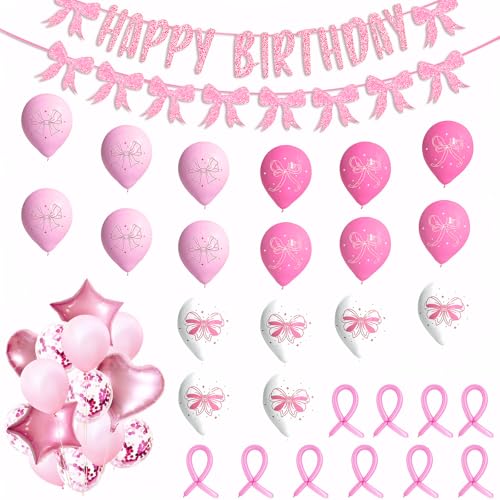 Geburtstagsdekorationsset mit rosa Schleife, Kokett-Party-Ballon-Set mit Banner, Folienballons, Band und Klebepunkten für Mädchen, Party, Babyparty, Rosa, ästhetische Raumdekoration, 46 Stück Geburtstagsdekorationsset mit rosa Schleife, Kokett-Party-Ballon-Set mit Banner, Folienballons, Band und Klebepunkten für Mädchen, Party, Babyparty, Rosa, ästhetische Raumdekoration, 46 Stück von Kyndara