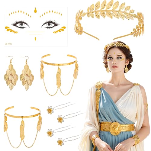 Kyndara 10-teiliges griechisches Göttin-Kostüm-Zubehör-Set für Frauen, griechisches Schmuck-Set mit Haarnadeln, Gesichtsaufkleber, Stirnband, Ohrringe, Armring für Neujahr, Braut, Hochzeit Kyndara 10-teiliges griechisches Göttin-Kostüm-Zubehör-Set für Frauen, griechisches Schmuck-Set mit Haarnadeln, Gesichtsaufkleber, Stirnband, Ohrringe, Armring für Neujahr, Braut, Hochzeit von Kyndara