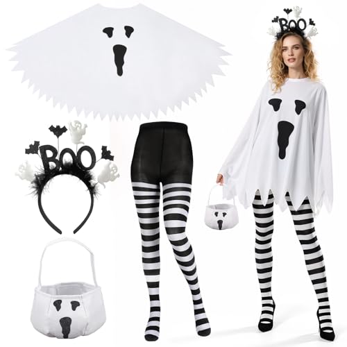 Kyndara 4-teiliges Halloween-Kostüm-Set für Damen, Geister-Poncho-Kostüm-Set mit Geister-Stirnband, Süßigkeitentasche, gestreifte Strumpfhose für Erwachsene, gruselige Halloween-Cosplay-Partys und von Kyndara