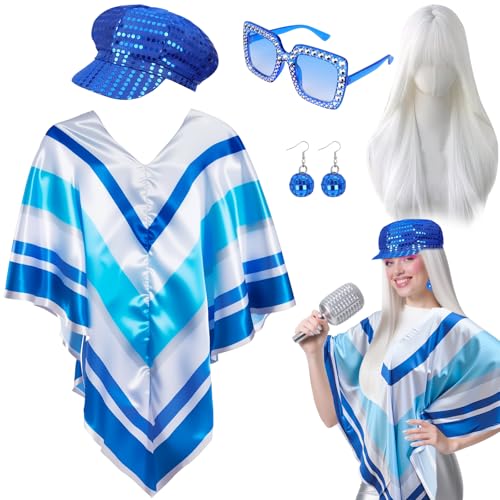 Kyndara 5-teiliges Abba-Kostüm für Damen, 1970er-Disco-Zubehör-Set mit Disco-Poncho-Hut, Perücke, Ohrringen, Brillen für Erwachsene, Retro, 70er-Jahre-Motto-Party, Tanz Kyndara 5-teiliges Abba-Kostüm für Damen, 1970er-Disco-Zubehör-Set mit Disco-Poncho-Hut, Perücke, Ohrringen, Brillen für Erwachsene, Retro, 70er-Jahre-Motto-Party, Tanz von Kyndara
