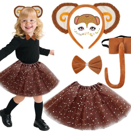 Kyndara 5-teiliges Affenkostüm-Set für Kinder, Tier-Kostüm-Set mit Tutu-Rock, Affenohren, Stirnband, langer Schwanz, Fliege, Gesichtsaufkleber für Tier, Cosplay, Halloween, Karneval, Party von Kyndara