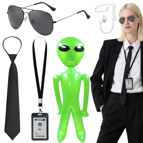 Kyndara 5-teiliges Agenten-Kostüm-Zubehör-Set, Geheimsicherheits-Wachmann-Outfit-Set mit Sonnenbrille, Kopfhörer, Krawatten, Ausweis, aufblasbar, grün, Aliens für Damen und Herren, Halloween, MIB von Kyndara