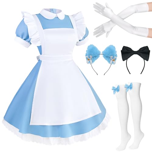 Kyndara 5-teiliges Alice-Kostüm für Damen, Dienstmädchen-Schürze, Kostüm-Set mit Stirnband, Socken, Handschuhen für Erwachsene, Mädchen, Halloween, Karneval, Weltbuchtag, Cosplay Kyndara 5-teiliges Alice-Kostüm für Damen, Dienstmädchen-Schürze, Kostüm-Set mit Stirnband, Socken, Handschuhen für Erwachsene, Mädchen, Halloween, Karneval, Weltbuchtag, Cosplay von Kyndara