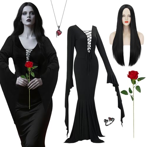 Kyndara 5-teiliges Halloween-Hexenkostüm-Set für Damen, Hexen-Kostüm-Set mit schwarzer langer Perücke, Halskette, Ring, Rose für Erwachsene, gruselige Halloween, Cosplay, Partys und Festivals von Kyndara