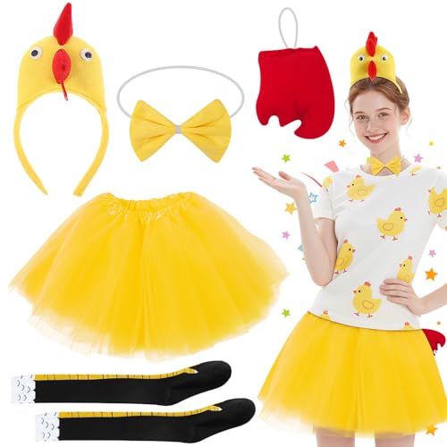 Kyndara 5-teiliges Huhn-Kostüm-Set, Tier-Cosplay-Outfit-Set mit Hahn, Stirnband, Fliege, Schwanz, Tutu, Rock, Hühnerbeinsocken für Kinder und Erwachsene, Halloween, Weltbuchtag Kyndara 5-teiliges Huhn-Kostüm-Set, Tier-Cosplay-Outfit-Set mit Hahn, Stirnband, Fliege, Schwanz, Tutu, Rock, Hühnerbeinsocken für Kinder und Erwachsene, Halloween, Weltbuchtag von Kyndara