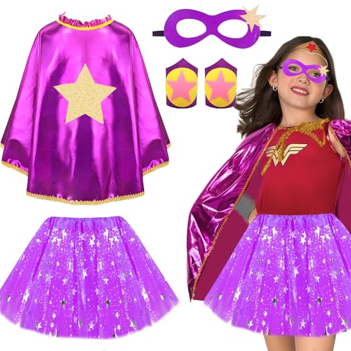 Kyndara 5-teiliges Superhelden-Kostüm-Set für Mädchen, Heldenumhänge mit Maske, Tutu, Rock, Armbänder für Kinder, Halloween, Weihnachten, Cosplay Kyndara 5-teiliges Superhelden-Kostüm-Set für Mädchen, Heldenumhänge mit Maske, Tutu, Rock, Armbänder für Kinder, Halloween, Weihnachten, Cosplay von Kyndara