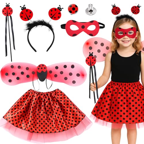 Kyndara 6-teiliges Marienkäfer-Kostüm für Kinder, komplettes Marienkäfer-Kostüm mit Tutu-Rock, Flügeln, Stirnband, Maske, Zauberstab, Ohrclips für Mädchen, Welttag des Buches, Karneval, Halloween von Kyndara