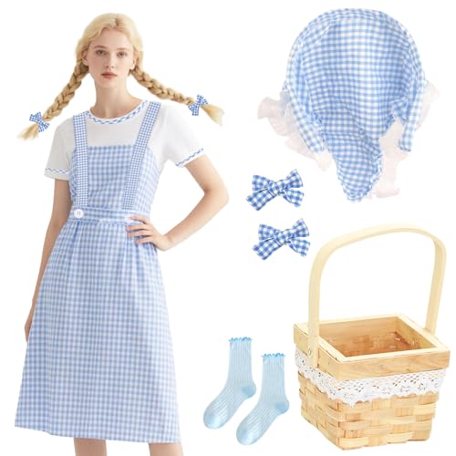 Kyndara 6-teiliges blaues Gingham-Outfit-Set mit gewebtem Korb, Haar-Accessoires, blaue Socken, kariertes Stirnband für Weltbuchtag, Halloween, Cosplay von Kyndara