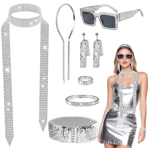 Kyndara 7-teiliges 70er-Jahre Disco-Kostüm-Set für Damen, 1970er-Jahre-Kostüm-Zubehör-Set mit Halskette, Sonnenbrille, Ohrringen, Armband, Ring, Stirnband für Erwachsene, Retro, Hippie-Party Kyndara 7-teiliges 70er-Jahre Disco-Kostüm-Set für Damen, 1970er-Jahre-Kostüm-Zubehör-Set mit Halskette, Sonnenbrille, Ohrringen, Armband, Ring, Stirnband für Erwachsene, Retro, Hippie-Party von Kyndara