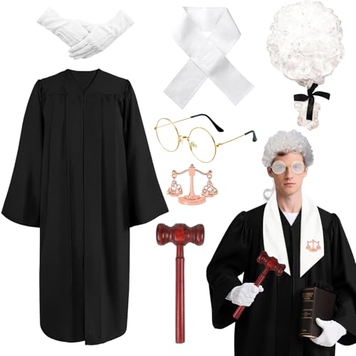 Kyndara 7-teiliges Richter-Kostüm-Set für Erwachsene, Barrister-Kostüm-Set mit Perücke, Robe, Brille, Handschuhen, Hammer Kragen, Brosche für Gerichtssaal, Cosplay, Make-up, Mottoparty, Halloween Kyndara 7-teiliges Richter-Kostüm-Set für Erwachsene, Barrister-Kostüm-Set mit Perücke, Robe, Brille, Handschuhen, Hammer Kragen, Brosche für Gerichtssaal, Cosplay, Make-up, Mottoparty, Halloween von Kyndara