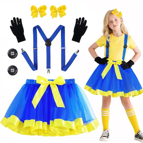 Kyndara 7-teiliges gelbes Cosplay-Zubehör-Set für Damen, verspieltes Prinzessinnen-Kostüm-Set mit Tutu-Rock, gelben Schleifen, Hosenträgern, Handschuhen, Knöpfen für Erwachsene, Karneval von Kyndara