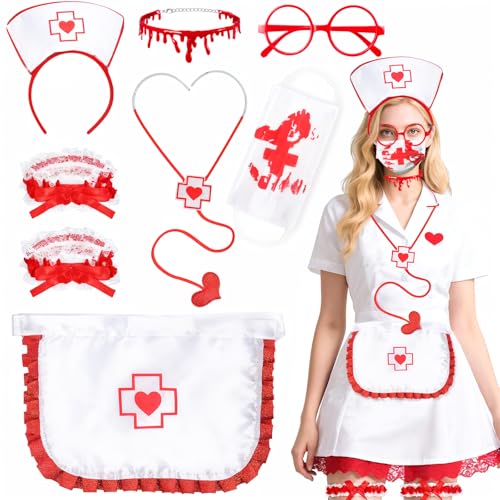 Kyndara 8-teiliges Halloween-Krankenschwester-Kostüm-Zubehör-Set für Damen, Krankenschwester-Cosplay-Set mit Stirnband, Halskette, Brille, Schürze, Stethoskop, Spitzenstrumpfbänder, Gesichtsmaske für Kyndara 8-teiliges Halloween-Krankenschwester-Kostüm-Zubehör-Set für Damen, Krankenschwester-Cosplay-Set mit Stirnband, Halskette, Brille, Schürze, Stethoskop, Spitzenstrumpfbänder, Gesichtsmaske für von Kyndara