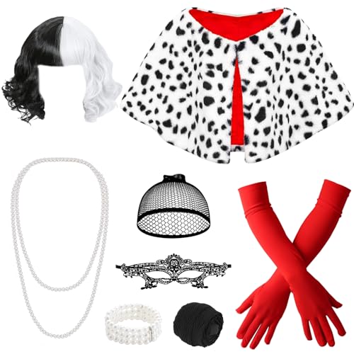 Kyndara 9-teiliges Cruella-Kostüm-Set, schwarzer und weißer Cruella-Umhang mit Perücke, Maske, Perlenketten, Armbändern, Handschuhen, Requisiten und Netzstrümpfe für Damen, Halloween, Karneval von Kyndara