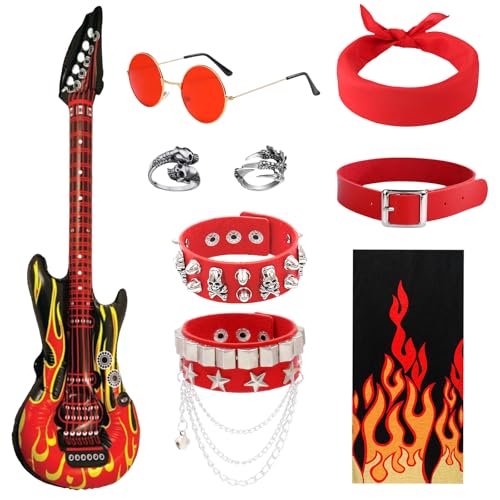 Kyndara 9-teiliges Rocker-Kostüm-Set für Erwachsene, Punk, Gothic, Rot von Kyndara
