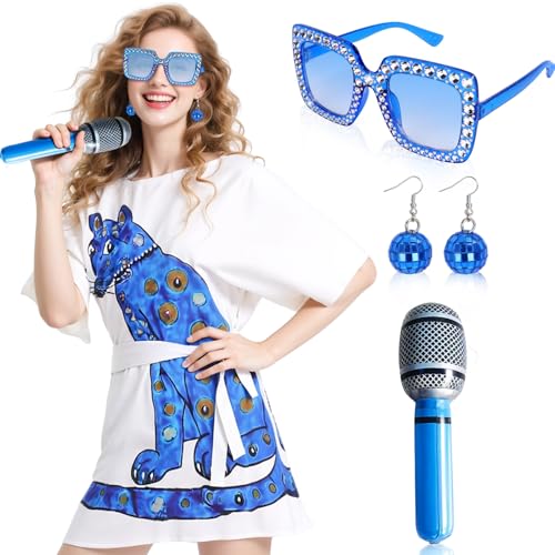 Kyndara Abba-Kostüme für Damen, 70er-Jahre-Kostüm-Set mit 70er-Jahre-Kleid, Brille, Discokugel-Ohrringen, aufblasbares Mikrofon für Mädchen, Mottoparty, Geburtstag, Tanz, 4-teilig von Kyndara