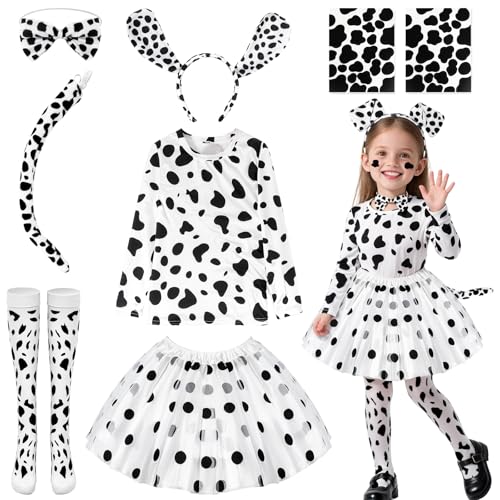 Kyndara Dalmatiner-Kostüm-Set für Kinder, gepunkteter Hund, Cosplay-Outfit-Set mit T-Shirt, Tutu, Rock, Socken, Stirnband, Fliege, Schwanz, Aufkleber für Mädchen, Welttag des Buches, Karneval, Cosplay von Kyndara
