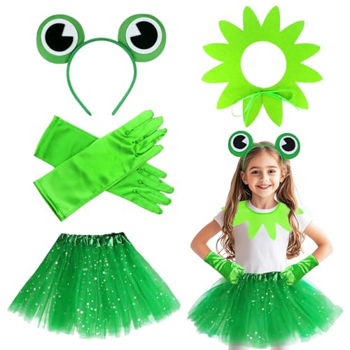 Kyndara Frosch-Kostüm-Set für Kinder, Mädchen, grünes Tier-Kostüm, Outfit mit Frosch, Stirnband, Kragen, Tutu, Rock, Handschuhe für Cosplay, Welttag des Buches, Weihnachten, Halloween, Karneval, 4 Kyndara Frosch-Kostüm-Set für Kinder, Mädchen, grünes Tier-Kostüm, Outfit mit Frosch, Stirnband, Kragen, Tutu, Rock, Handschuhe für Cosplay, Welttag des Buches, Weihnachten, Halloween, Karneval, 4 von Kyndara