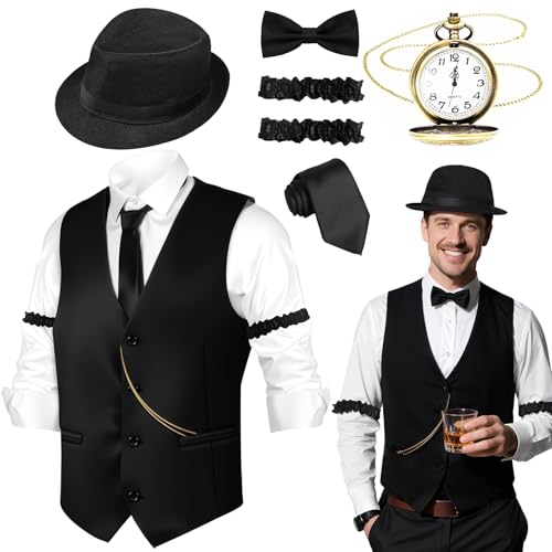 Kyndara Gatsby-Kostüm der 1920er Jahre, Gatsby-Westen, Zubehör, Anzug mit Zylinder, Fliege, Taschenuhr, Armband, für Erwachsene, Halloween, brüllende 20er-Jahre-Motto-Partys, Kostüme, 7-teilig Kyndara Gatsby-Kostüm der 1920er Jahre, Gatsby-Westen, Zubehör, Anzug mit Zylinder, Fliege, Taschenuhr, Armband, für Erwachsene, Halloween, brüllende 20er-Jahre-Motto-Partys, Kostüme, 7-teilig von Kyndara
