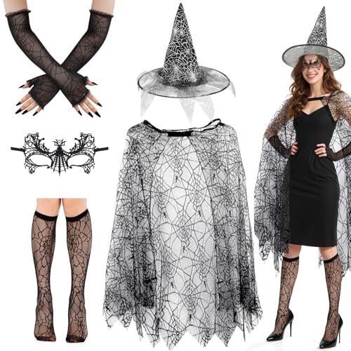 Kyndara Halloween-Hexen-Kostüme für Damen, Hexen-Spinnennetz-Umhang-Set mit Umhang, Hexenhut, Maske, Socken, Ärmel für gruselige Cosplay und Maskeraden, 5-teilig Kyndara Halloween-Hexen-Kostüme für Damen, Hexen-Spinnennetz-Umhang-Set mit Umhang, Hexenhut, Maske, Socken, Ärmel für gruselige Cosplay und Maskeraden, 5-teilig von Kyndara