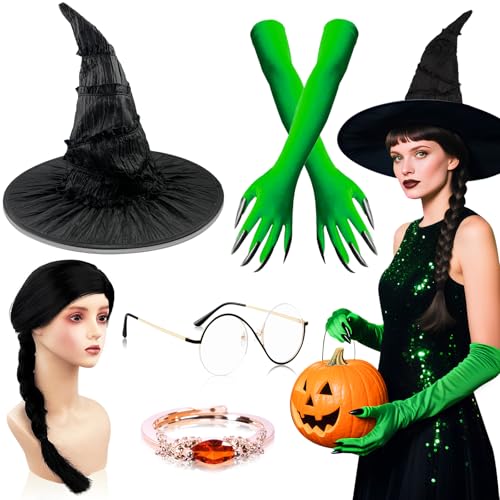 Kyndara Hexenkostüm-Zubehör-Set, Hexenhut, Kostüm-Set mit Hut, Brille, Ring, Perücke, lange Handschuhe für Erwachsene, Kinder, Halloween, Cosplay, Mottoparty, 5-teilig Kyndara Hexenkostüm-Zubehör-Set, Hexenhut, Kostüm-Set mit Hut, Brille, Ring, Perücke, lange Handschuhe für Erwachsene, Kinder, Halloween, Cosplay, Mottoparty, 5-teilig von Kyndara