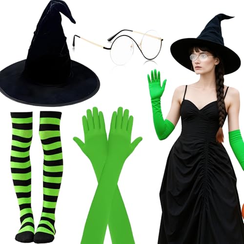 Kyndara Hexenkostüm-Zubehör-Set, Hexenhut, Kostüm-Set mit Hut, Brille, gestreifte Socken, lange Handschuhe für Erwachsene, Kinder, Halloween, Cosplay, Mottoparty, 4-teilig Kyndara Hexenkostüm-Zubehör-Set, Hexenhut, Kostüm-Set mit Hut, Brille, gestreifte Socken, lange Handschuhe für Erwachsene, Kinder, Halloween, Cosplay, Mottoparty, 4-teilig von Kyndara