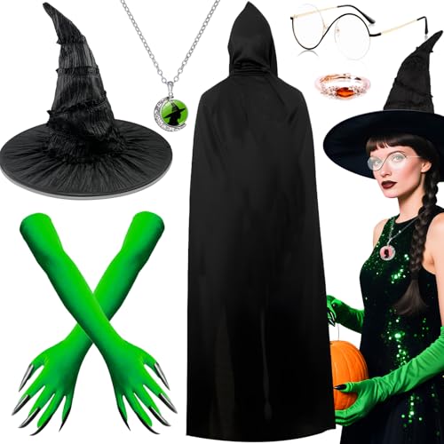 Kyndara Hexenzubehör für Damen, Hexenhut, Kostüm-Set mit Kapuzenumhang, Hut, Brille, grüne Krallenhandschuhe, Ring, Halskette für Erwachsene, Halloween, Cosplay, Mottoparty, 6-teilig von Kyndara
