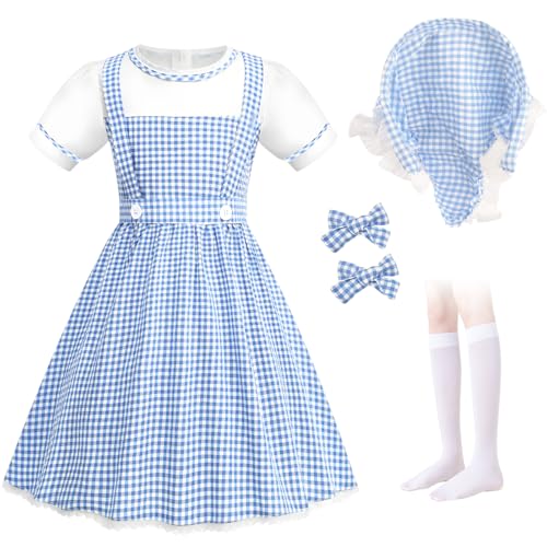Kyndara Magisches blaues Gingham-Kostüm-Set mit Gingham-Kleid, Stirnband, Haarschmuck, Socken für Kinder, für Weltbuchtag, Kostüm, Theater, 5-teilig von Kyndara