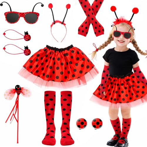Kyndara Marienkäfer-Kostüm für Kinder, komplettes Marienkäfer-Kostüm mit Tutu-Rock, Stirnband, Zauberstab, Haarbänder, Strumpf, Sonnenbrille, Armstulpen, Ohrclips für Mädchen, Welttag des Buches von Kyndara