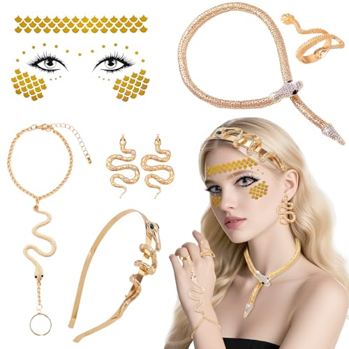 Kyndara Medusa-Kostüm-Zubehör-Set, Schlangen-Schmuck-Set mit Halskette, Stirnband, Ring, Ohrringen für Damen, Halloween, Cosplay, Karneval, Party, 7-teilig Kyndara Medusa-Kostüm-Zubehör-Set, Schlangen-Schmuck-Set mit Halskette, Stirnband, Ring, Ohrringen für Damen, Halloween, Cosplay, Karneval, Party, 7-teilig von Kyndara