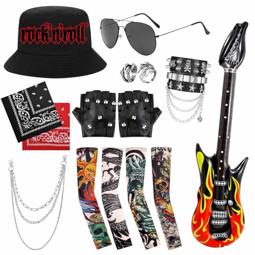 Kyndara Rockstar-Kostüm-Zubehör-Set, Punk-Rock-Kostüm-Set mit Hut, Sonnenbrille, Handschuhen, Tattoo-Ärmeln, aufblasbare Gitarre, für Halloween, Karneval, 80er-Jahre-Motto-Party, 16-teilig von Kyndara