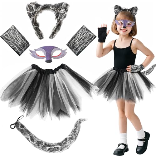 Kyndara Wolfskostüm-Set für Kinder, Tier-Kostüm-Set mit Tutu-Rock, Wolfsohren, Stirnband, Handschuhe, langer Schwanz, Maske für Tier, Cosplay, Halloween, Karneval, Party, 5-teilig von Kyndara