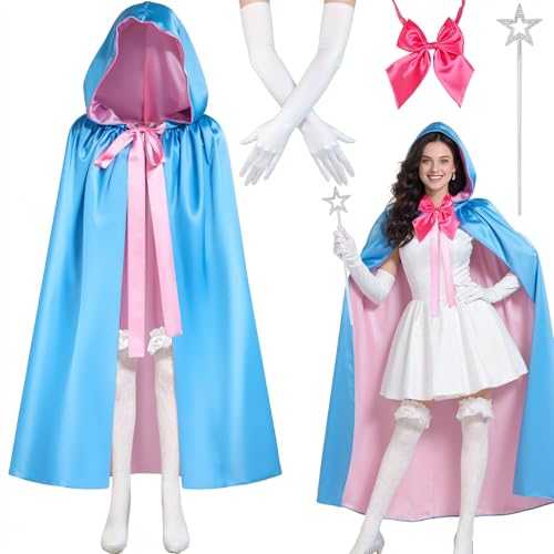 Magisches Feenkostüm-Set für Damen, Patentante, Cosplay-Zubehör mit blauer Fee, Kapuzenumhang, rosa Fliege, Zauberstab, Handschuhe, Spitzenstrümpfe für Erwachsene, Halloween, Party, Cosplay, 5-teilig Magisches Feenkostüm-Set für Damen, Patentante, Cosplay-Zubehör mit blauer Fee, Kapuzenumhang, rosa Fliege, Zauberstab, Handschuhe, Spitzenstrümpfe für Erwachsene, Halloween, Party, Cosplay, 5-teilig von Kyndara