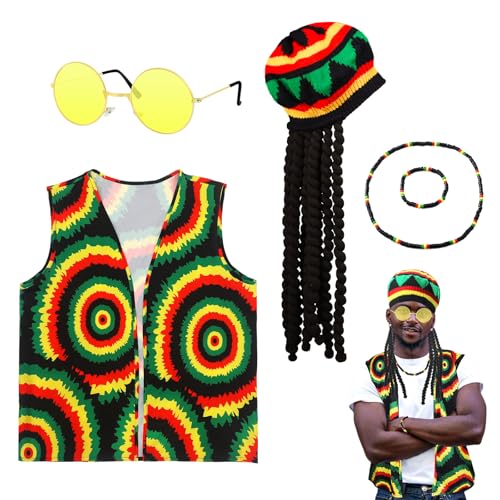 Reggae-Kostüm-Zubehör, Jamaikanisches Rasta-Kostüm-Set mit karibischer Weste, gelber Sonnenbrille, geflochtene Dreadlocks, Perücke, Hut, Kappe, Armband für Damen und Herren, Party, Maskerade, Cosplay Reggae-Kostüm-Zubehör, Jamaikanisches Rasta-Kostüm-Set mit karibischer Weste, gelber Sonnenbrille, geflochtene Dreadlocks, Perücke, Hut, Kappe, Armband für Damen und Herren, Party, Maskerade, Cosplay von Kyndara