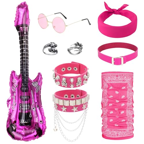 Rockstar Punk Gothic Kostüm-Set, Rocker-Kostüm, Zubehör für Männer und Frauen, mit Bandana, Retro-Sonnenbrille, aufblasbare Gitarre, Ringe, Maske für 70er-, 80er-, Disco-Themenparty, Halloween, 9 Rockstar Punk Gothic Kostüm-Set, Rocker-Kostüm, Zubehör für Männer und Frauen, mit Bandana, Retro-Sonnenbrille, aufblasbare Gitarre, Ringe, Maske für 70er-, 80er-, Disco-Themenparty, Halloween, 9 von Kyndara