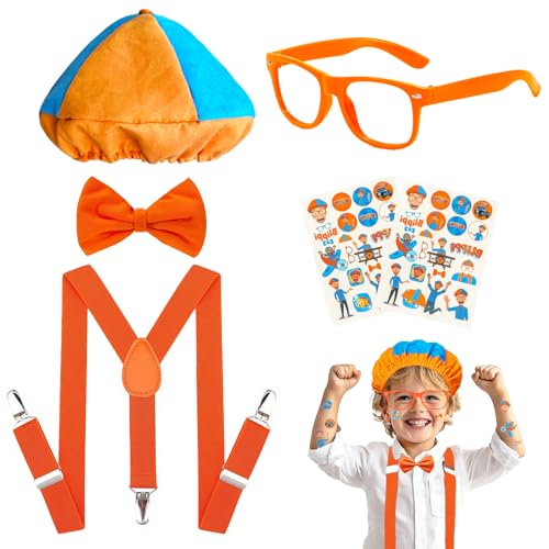 Rollenspiel-Kostüm-Set für Kinder, orange-blau, Bli_ppi Verkleidungszubehör, mit Werkzeugen mit Baskenmütze, Brille, Fliege, Hosenträgern, Tattoo-Aufkleber für Party, Halloween, Welttag des Buches, Rollenspiel-Kostüm-Set für Kinder, orange-blau, Bli_ppi Verkleidungszubehör, mit Werkzeugen mit Baskenmütze, Brille, Fliege, Hosenträgern, Tattoo-Aufkleber für Party, Halloween, Welttag des Buches, von Kyndara