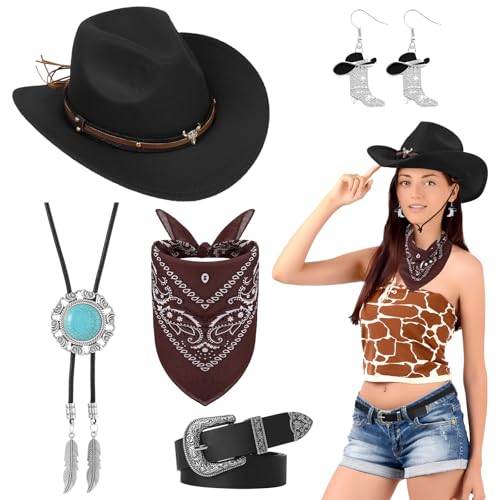 Western-Cowboyhut-Set für Damen, Cowgirl-Kostüm-Zubehör-Set mit Hut, Halskette, Ohrringen, Gürtel, Bandana für Maskerade, Halloween-Partys, 5-teilig Western-Cowboyhut-Set für Damen, Cowgirl-Kostüm-Zubehör-Set mit Hut, Halskette, Ohrringen, Gürtel, Bandana für Maskerade, Halloween-Partys, 5-teilig von Kyndara