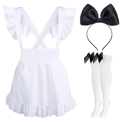 Kyson 3 Stück gerüschte weiße verstellbare Schürze Kostüm Schleife Stirnband hohe Oberschenkel Socken Set für Halloween Mottoparty (schwarz) von Kyson