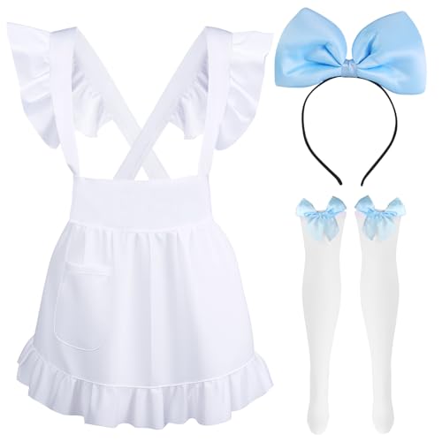 Kyson 3-teiliges Set mit gerüschten weißen Schürzen, Kostüm, Schleife, Stirnband, hohe Oberschenkel, Socken-Set für Halloween-Mottoparty (blau) von Kyson