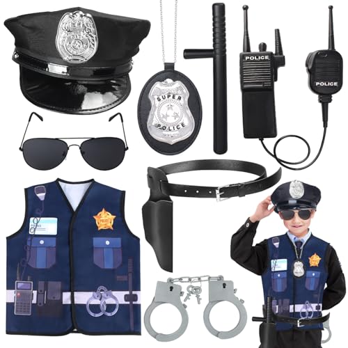 Kyson 8-teiliges Polizei-Kostüm-Set für Jungen, Polizistin, Kostüm, Zubehör, Halloween, Karrieretag (Marineblau) von Kyson